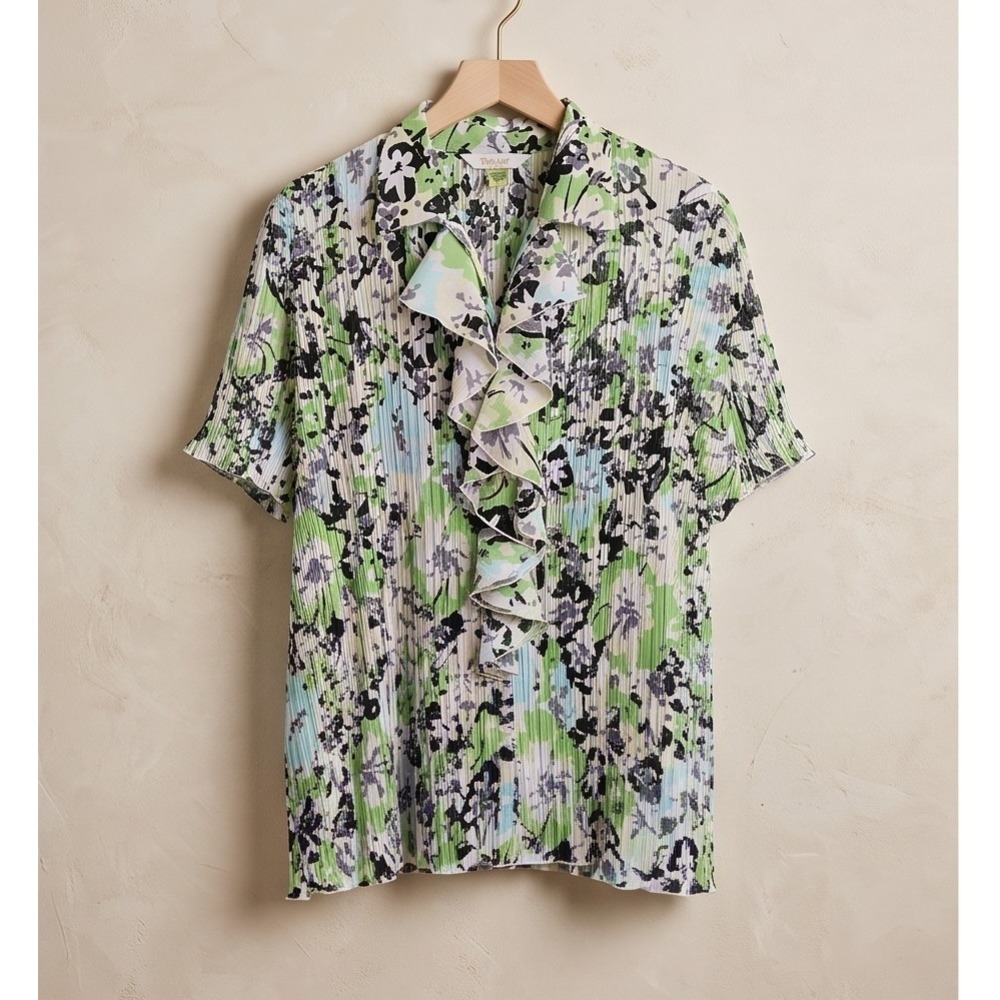 TanJay Womens Green Floral Pleated Ruffle Collared Short Sleeve Blouse Plus 24W